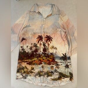 Label of Love Linen Blend Tunic Shirt Medium M Vacation Spring Summer Palm Trees